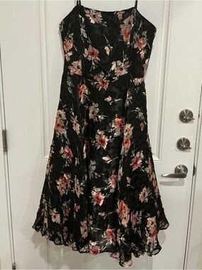 White House Black Market Black Midi Dress with Pink Floral Print
